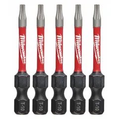 This MILWAUKEE impact Torx bit features a T10 size with a standard hex shank, made from alloy steel. Designed for use with impact drivers and power tools, it is suitable for driving and removing Torx fasteners in assembly and repair applications.