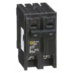 The SQUARE D HOM290 is a 90 A, 2-pole miniature circuit breaker for single-phase 120/240V AC systems. It features a 10kA interrupting rating at 120/240V AC and is designed for plug-in installation in Homeline load centers. This breaker provides overcurrent protection in residential and light commercial applications.