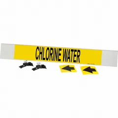 This pipe marker is designed for identifying pipes carrying chlorine water in industrial piping systems. It features a yellow background with black legend and arrows, and is mounted on a fiberglass carrier with strapping for secure attachment to pipes with an outer diameter of 8 inches and larger.
