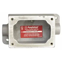 This 1-gang hazardous location electrical box is constructed of iron and features a feed-through hub type with a 1-inch hub size. The overall height is 7 inches. It is used to enclose and protect wiring connections in environments where explosive gases or combustible dust may be present, such as industrial plants and processing facilities.
