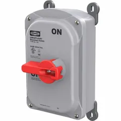 This non-fusible disconnect switch is rated for 30 A and 600V AC, three-phase operation. It features a red handle and a PBT housing, and is UL Listed for indoor and outdoor use. Typical applications include isolating electrical circuits for maintenance or emergency shutdown in industrial and commercial settings.