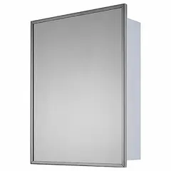 Rectangular mirrored medicine cabinet with a glass mirror and a stainless steel frame in bright annealed silver finish. Overall height 30 inches, overall width 24 inches. Suitable for bathroom storage and grooming in residential or commercial restrooms.