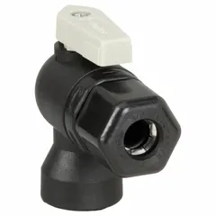 This Parker manual two-way ball valve features a polypropylene body and full port ball port for unrestricted flow. The angle configuration with Sweat x FNPT connections allows installation in tight spaces. NSF 51 compliance makes it suitable for potable water and food-service lines. The lever handle provides clear visual indication of valve position.