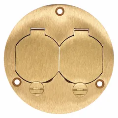 Round brass floor box cover with brushed gold finish. Measures 3 7/8 inches in diameter and 1/8 inch in height. Used to cover and protect electrical floor boxes in commercial or industrial environments, providing a flush-mount access point.