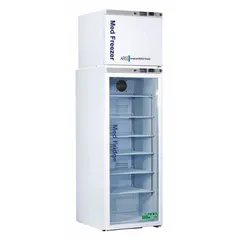 This pharmacy refrigerator-freezer provides 10.5 cu ft of refrigerator capacity with two swing solid doors hinged on the right. It is designed for storing temperature-sensitive medications, vaccines, and biological samples in healthcare and laboratory environments.