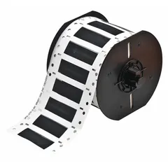Polyolefin sleeve label roll with black matte finish. Each label measures 3/8 in x 2 in and fits wire gauges from 4 AWG to 12 AWG. Compatible with i3300 printer series for on-demand wire identification and marking in electrical panels, machinery, and control systems.