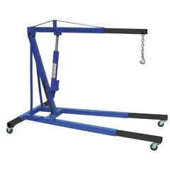 This engine crane features a steel frame with a blue finish and a mechanical lifting actuator. It offers 4 boom positions and a 2 ton boom capacity when retracted. Designed for removing and handling heavy engines in automotive and industrial maintenance settings.