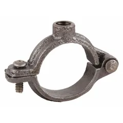 Cast iron split-ring hanger with swivel loop for suspending 1 1/4 in pipe (max outside diameter 1 11/16 in) from 3/8 in threaded rod. Used in HVAC, plumbing, and mechanical piping systems to support tube and pipe runs.