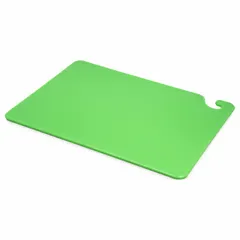 This green co-polymer cutting board measures 15 inches wide by 20 inches long. NSF certified for sanitation, it is suitable for food preparation tasks such as cutting, chopping, and transporting ingredients in commercial kitchens and food service settings.