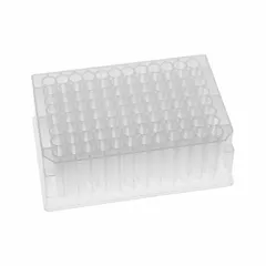 96-well multiple well plate made of colorless polystyrene with round wells. Each well has a diameter of 8.53 mm and a capacity of 2 mL. The plate is RNase/DNase free, suitable for high-throughput cell culture, ELISA, and sample storage in life science laboratories.