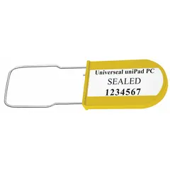 Plastic padlock seal with a 1 3/16 in hasp length and 100 lb breaking strength. Features sequential numbering and black 'Sealed' marking. Supplied in a 50-pack. Used for tamper-evident sealing of containers, trucks, and storage units in logistics and industrial applications.