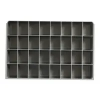 Gray insert for Large Compartmented Boxes with 32 fixed compartments, each 2-1/8 in x 2-27/32 in. Designed to organize small parts, fasteners, and hardware in industrial storage systems, workshops, assembly lines, and maintenance facilities. Compatible with DURHAM MFG model 123-95