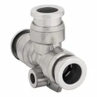 Stainless steel push-fit tee fitting with three 8 mm OD ports and an overall length of 40 3/16 mm. Used to branch pneumatic tubing in industrial automation, packaging, and material handling systems