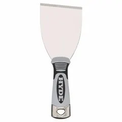 Standard scraper with a full stainless steel blade and plastic handle. Features a bent blade shape, straight edge, and hammer end. Blade is stiff for heavy-duty scraping tasks such as removing paint, adhesive, and buildup from flat surfaces.