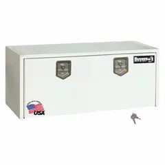 This single drop-down door box is constructed from white steel and features a keyed lock for security. It is designed for under-vehicle storage of tools, parts, and equipment, providing weather-resistant protection for service trucks, fleet vehicles, and industrial worksites.