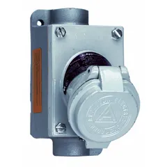 Hazardous location pin and sleeve receptacle for single-phase applications. Rated 20 A, 3-pole, with voltage rating of 18V DC and compatibility with 125 to 250V AC. Suitable for use in industrial environments where flammable gases, vapors, or combustible dusts may be present.