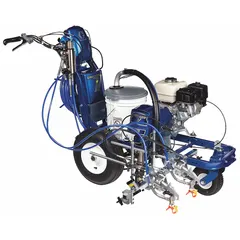 Gas-powered airless line striper for painting lines on turf surfaces. Features a 5 1/2 hp engine and adjustable line width from 2 in to 12 in. Suitable for marking athletic fields, parks, and golf courses.