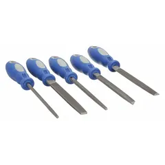 This file set includes five 6-inch files: flat, half round, round, square, and triangular. It comes with a handle and a pouch for storage and portability. Suitable for general-purpose shaping, deburring, and finishing of metal and wood in maintenance, fabrication, and repair tasks.
