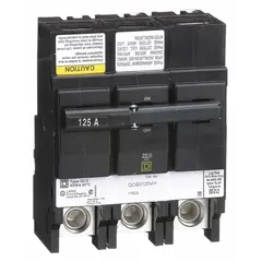Three-phase bolt-on miniature circuit breaker rated 125 A at 120/240V AC with a maximum interrupting rating of 22 kA. Suitable for overcurrent protection in commercial and industrial electrical distribution systems. Designed for use with Square D NQOD panelboards.
