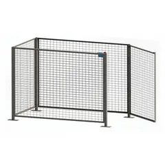 Steel safety enclosure with gray baked enamel finish for use with drum roller mixers. Features a 4 ft door opening width. Provides containment during mixing operations in industrial environments.