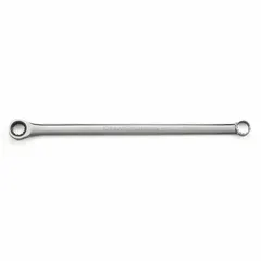 This metric double-end 12-point ratcheting box end wrench is made of steel with a chrome finish. It has a 14 mm head size and an overall length of 12 1/8 inches. Used for tightening or loosening fasteners in confined spaces where swing arc is limited.