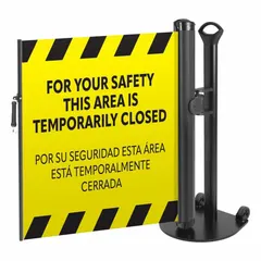 This retractable belt barrier system features a 38-inch post height and an 11 1/2 ft round flat yellow belt with black 'Area Temporarily Closed' text. It includes an industrial hook for secure belt attachment and is designed for single-post use. Suitable for cordoning off areas in industrial facilities, warehouses, or public spaces to manage pedestrian flow and enhance safety.