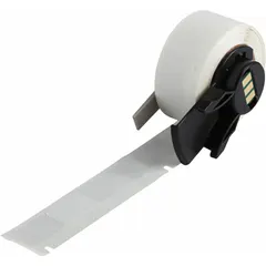 Precut wraparound label for wire identification. Made of white matte vinyl, sized 2 7/16 in x 1/2 in, for wire gauges 16 AWG to 10 AWG. Compatible with BMP61 printer series; requires M61-R4310 ribbon. Used for permanent marking in electrical panels and control cabinets.