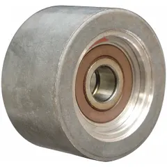 Steel flat idler pulley designed for serpentine belt systems in heavy-duty vehicle applications. Features a flangeless flange design and heavy-duty performance rating for reliable belt tensioning and reduced vibration. Suitable for demanding engine environments requiring precise belt routing.