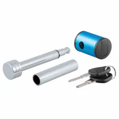 This receiver lock is constructed from steel with a chrome-plated silver finish. It includes two keys and is designed to secure a trailer hitch receiver, preventing theft or accidental detachment in towing applications.