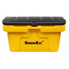 This stationary salt container has a 3 cu ft capacity and includes a lid to keep contents dry. Its rectangular, rigid design with solid walls allows stacking for space-efficient storage. Typical applications include storing and dispensing bulk ice melt or salt in commercial and municipal facilities.