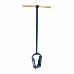 Steel soil auger with an 8 in diameter and 3 3/4 ft overall length. Features a 3/4 in rivet connection and includes a wood handle. Used for manual earth drilling in soft to medium soils, such as digging post holes, planting trees, and soil sampling.