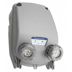 This surface-mount emergency light features a gray plastic housing rated for wet locations. It operates on 120 to 347V AC input, delivers 32W emergency power via LED technology, and includes two adjustable lamp heads. Self-diagnostics and remote capability support maintenance and system integration. Typical applications include parking garages, tunnels, and outdoor building perimeters requiring backup egress lighting.