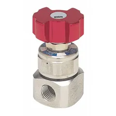 Excess flow valve with 1/4 in NPTF connections. Automatically shuts off flow if downstream line ruptures or flow exceeds preset limit. Flow limit settings: 9.0 slpm at 30 psig inlet, 39.5 slpm at 1000 psig inlet. Temperature range -10°F to 150°F.