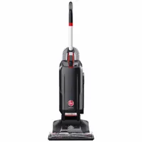 This corded upright vacuum features a 15-inch cleaning path and 120 cfm airflow for medium-duty debris pickup on carpets and hard floors. It includes an onboard hose and two wands, uses a standard bag design, and has a brushed motor. Weighing 15 lb with a 90 dB sound level, it is suited for commercial and industrial floor cleaning
