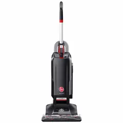 This corded upright vacuum features a 15-inch cleaning path and 120 cfm airflow for medium-duty debris pickup on carpets and hard floors. It includes an onboard hose and two wands, uses a standard bag design, and has a brushed motor. Weighing 15 lb with a 90 dB sound level, it is suited for commercial and industrial floor cleaning.