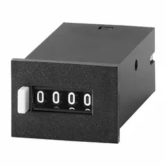 Front-panel-mounting electromechanical counter with dimensions 1 5/8 in x 1 1/2 in. Operates on 12 V DC to 48 V DC and is CE certified. Used for counting cycles, events, or production output in industrial machinery and automation systems.