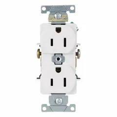 General purpose duplex receptacle rated 15A at 125V AC, NEMA 5-15 configuration, 2-pole/3-wire grounding. White thermoplastic face. Suitable for flush mounting in standard wall boxes or equipment panels for powering 125V devices.