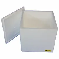 This insulated shipping container consists of a corrugated cardboard outer box and a white Styrofoam insert with 0.75 in wall thickness. It is used for passive thermal protection of temperature-sensitive items during transport