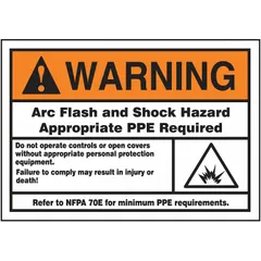 This adhesive vinyl sign warns of arc flash and shock hazards, requiring appropriate PPE per NFPA 70E. It is 3 1/2 x 5 inches, 0.006 inches thick, and non-retroreflective. Suitable for application on electrical panels and equipment to communicate safety requirements.