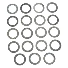 This 19-piece arbor shim assortment is made of steel and includes shims with a 1.5-inch inside diameter and 2.125-inch outside diameter. The shims have a thickness tolerance of +/-0.001 inches, inside diameter tolerance of +0.011/-0.000 inches, and outside diameter tolerance of +/-0.002 inches. Used for adjusting axial clearance or alignment between machine components such as bearings, gears, and pulleys on a shaft.