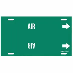 Green pipe marker with white legend reading 'Air' and directional arrows. Fits pipe outer diameters of 6 to 7-7/8 inches. Used to identify air piping systems in industrial facilities.
