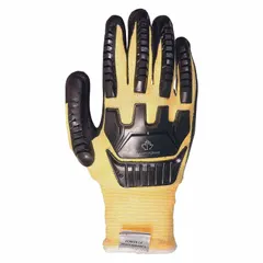 These medium-duty cut-resistant gloves feature a palm-dipped nitrile coating and are rated ANSI Cut Level A4 and ANSI Impact Level 1. The yellow knit material provides cut resistance, while the impact protection helps reduce hand injuries. Suitable for industrial tasks such as assembly, metal handling, and general manufacturing.
