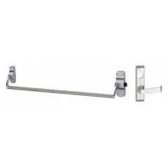 Rim-type exit device with crossbar push bar and lever outside trim. Chrome finish (US26D). ADA compliant. For doors up to 44 inches wide. Used for emergency egress in commercial and industrial buildings.