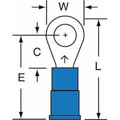 Vinyl insulated ring terminal with #10 stud size, rated for 1000V. Accepts 16 AWG to 14 AWG wire. Used for secure connections in control panels, terminal blocks, and grounding circuits.