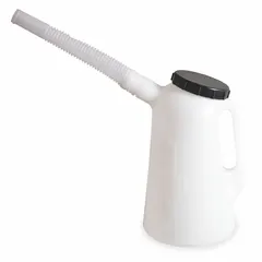 Flexible spout oil measuring container with 3-quart capacity. Spout length 7 1/4 inches, overall height 9 3/4 inches. Includes graduation marks for accurate measurement. Suitable for dispensing and measuring lubricants in maintenance and service applications.