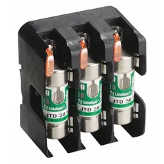 Open block design for UL Class J fuses. Single pole, 600 V AC rating. Box lug terminals, non-indicating. Used in industrial power distribution, motor control centers, and panel boards for overcurrent protection.