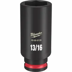 This 3/8" drive impact socket features a 13/16 in SAE size with a 6-point deep design for use with impact wrenches. The friction ring retention secures the socket on the anvil. Black Phosphate finish provides corrosion resistance. Suitable for fastening and loosening nuts and bolts in automotive, construction, and industrial applications requiring high torque.