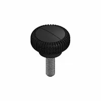 Knurled knob with threaded hole, 0.75 in diameter, #10-24 thread, 0.625 in thread length. Plastic body with steel thread insert. Used for manual adjustment and clamping on machinery, jigs, and fixtures
