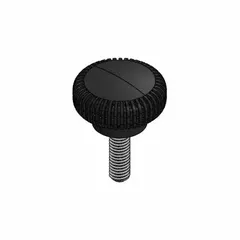 Knurled knob with threaded hole, 0.75 in diameter, #10-24 thread, 0.625 in thread length. Plastic body with steel thread insert. Used for manual adjustment and clamping on machinery, jigs, and fixtures.