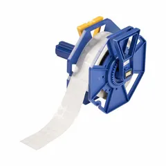 White cryogenic polyester label roll with matte finish, 1/2 in label height, 1 in label width, 1/2 in roll length. Compatible with J7300 printer series. Used for asset identification and labeling in cryogenic environments requiring extreme cold resistance.